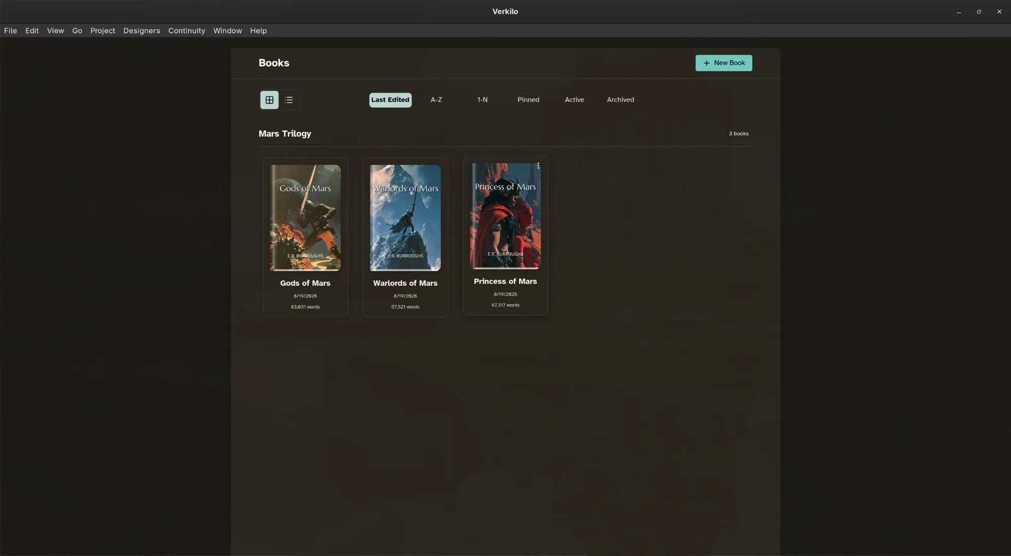 The Books view: every book in the project with its cover and word count
