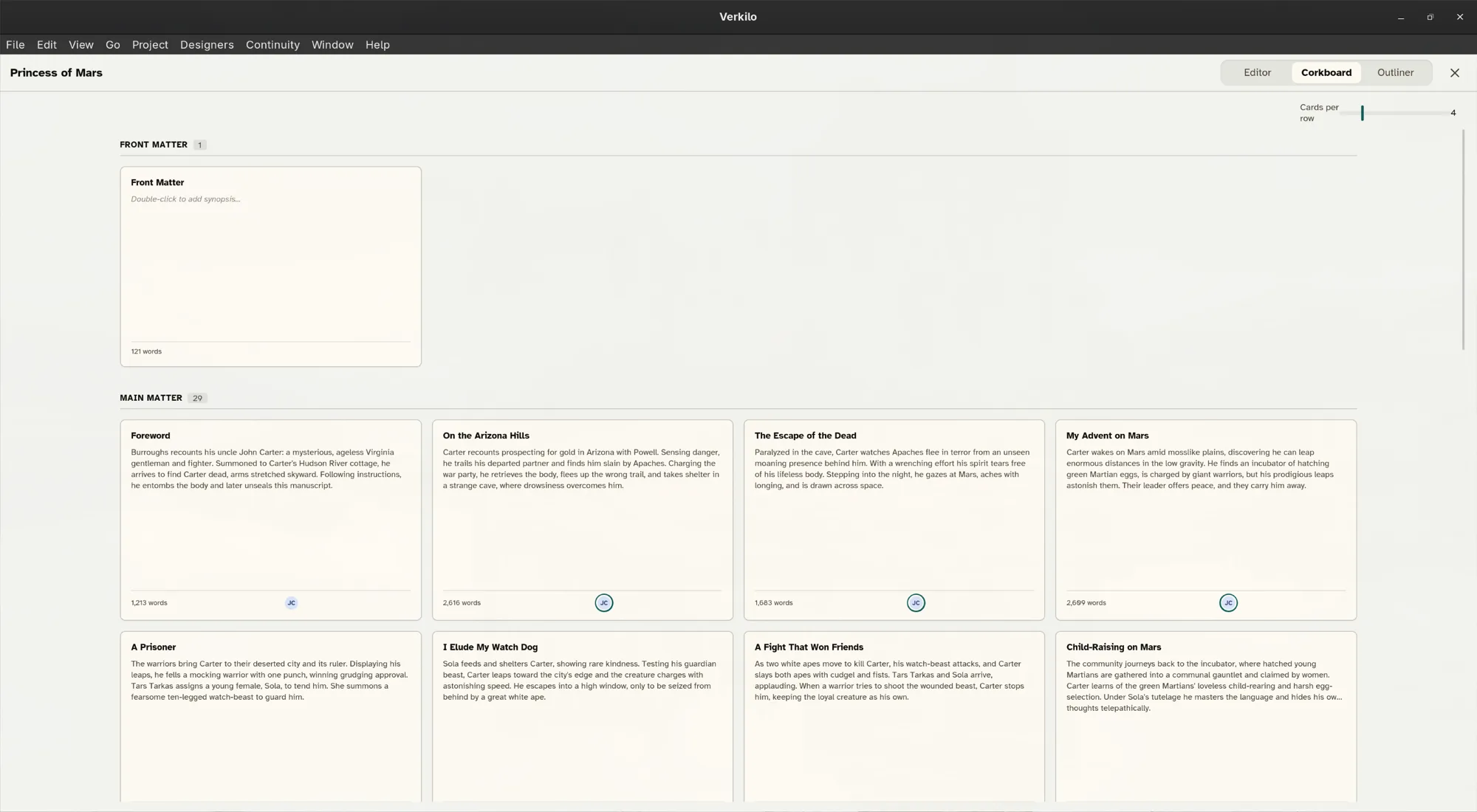 The corkboard: one index card per section, each with its synopsis