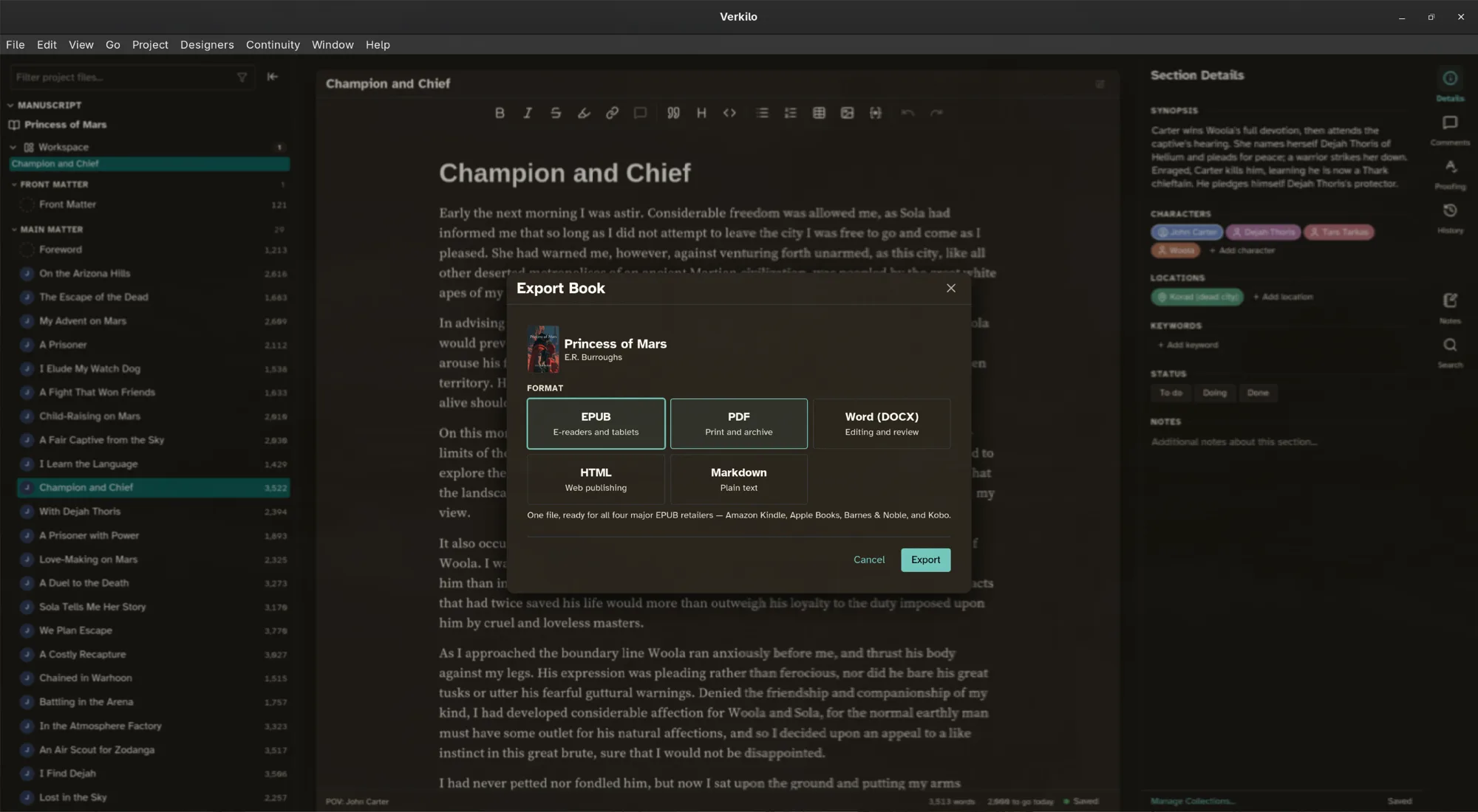 The export dialog offering EPUB, PDF, Word, HTML, and Markdown