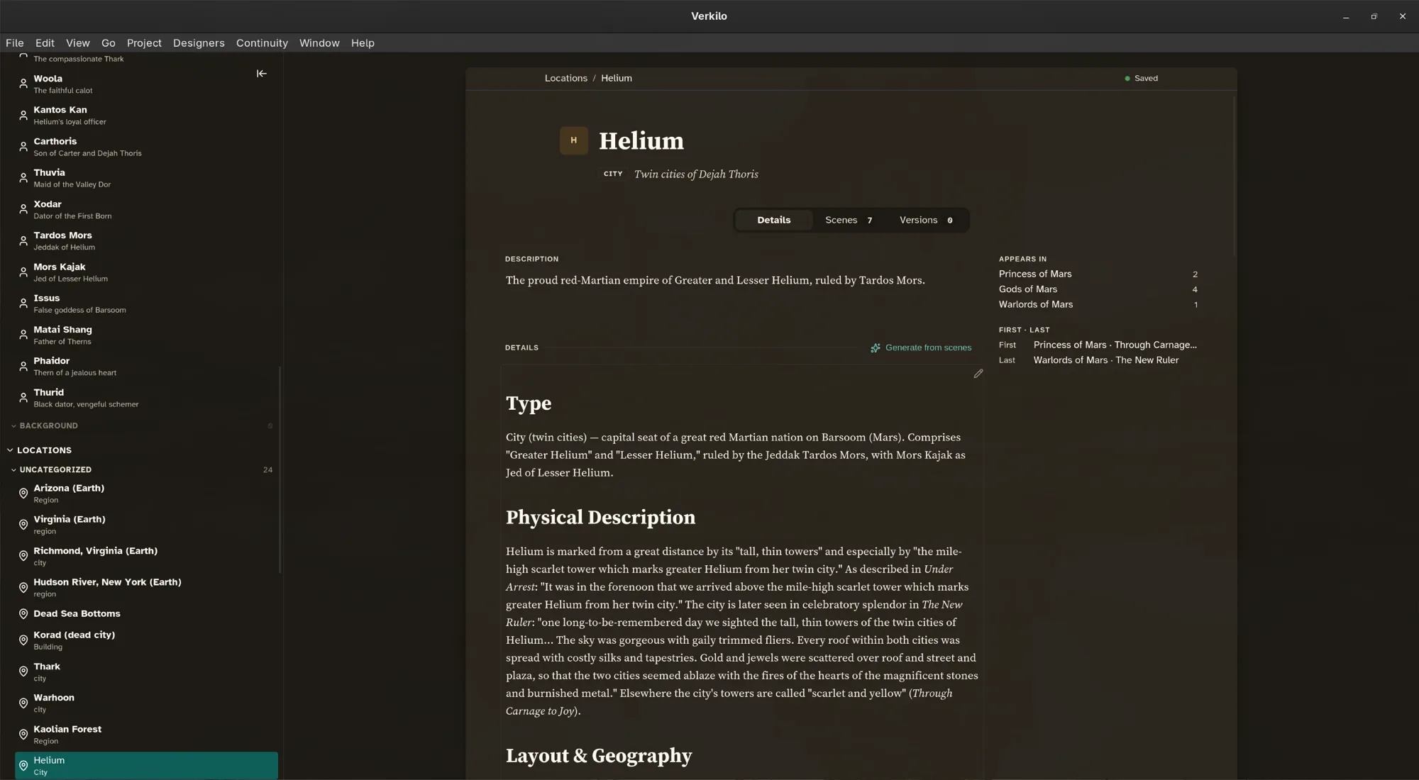 A location entry with its description and the scenes it appears in